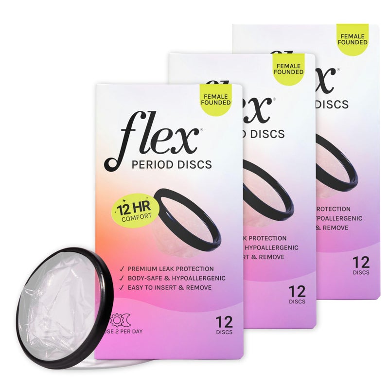 Flex Menstrual Discs Disposable Period Discs Reduce Cramps Dryness BeginnerFriendly Tampon Alternative Capacity of 5 Super Tampons Made in Canada 3Pack 36 Total Count